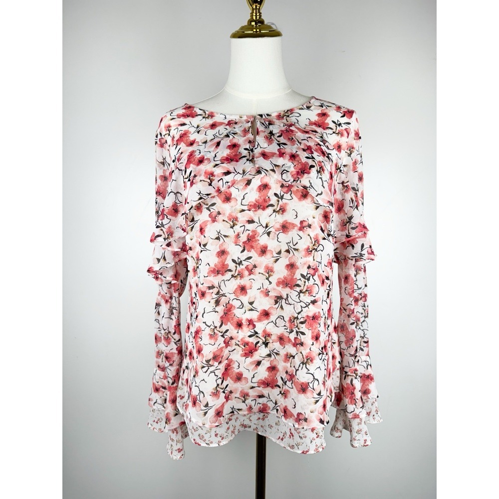 WHBM Floral Ruffle Blouse 4 Pink Watercolor Sheer Tiered Bell Sleeve Cottagecore